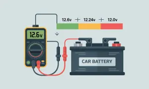 Pomiar napięcia akumulatora samochodowego. Multimetr pokazuje 12.6V, co oznacza, że elektrolit jest w dobrym stanie.