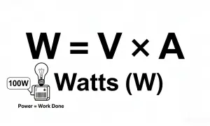 W = V x A. Jednostka mocy to waty (W). Obrazek pokazuje żarówkę 100W.
