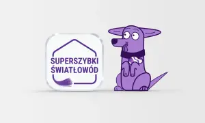 Fioletowy piesek z kością w łapce obok logo "Superszybki światłowód" z technologią GPON.