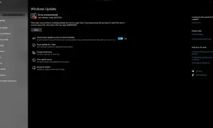 Błąd 0x80070643 podczas aktualizacji systemu Windows. Widok okna z komunikatem o błędzie i opcjami ponowienia próby.