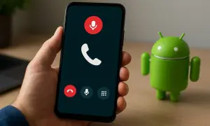 Dłoń trzyma smartfon z ekranem rozmowy przychodzącej. Obok stoi zielona figurka Androida, sugerująca nagrywanie rozmów na tym systemie.