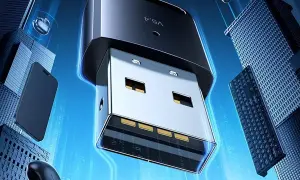 Nowoczesny adapter USB 2.0 A 3.0 z technologią V5.4, otoczony futurystycznymi budynkami i urządzeniami.