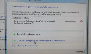 Karta sieciowa Ethernet nie ma poprawnej konfiguracji protokołu IP. Narzędzie diagnostyczne systemu Windows wykryło problem.