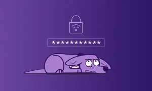 Smutny piesek próbuje zapamiętać klucz zabezpieczeń sieciowych. Widoczny symbol kłódki z sygnałem Wi-Fi i pole z gwiazdkami.