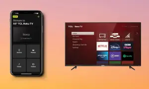 Aplikacja na iPhone pokazuje, jak udostępnić ekran z iPhone na TV TCL Roku. Widzimy opcje Screen, Photos, Music, Videos.