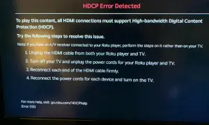 Komunikat błędu HDCP na ekranie telewizora z instrukcjami rozwiązywania problemu.