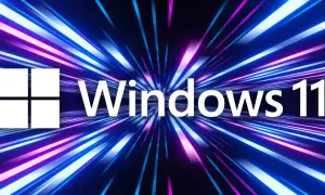 Logo Windows 11 na tle neonowych pasów. Szybkość i nowoczesność dla optymalizacji Windows 11.