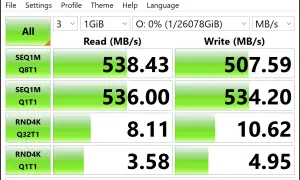 Wyniki testu CrystalDiskMark dla dysku w konfiguracji raid 0: odczyt 538.43 MB/s, zapis 507.59 MB/s.