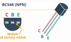 Schemat tranzystora BC546 (NPN) z widokiem od strony nóżek, pokazujący wyprowadzenia C, B, E.
