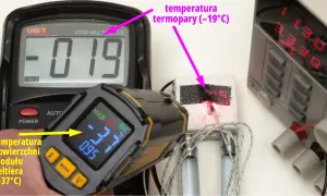 Pomiar temperatury modułu Peltiera: termopara -19°C, powierzchnia modułu -37°C.