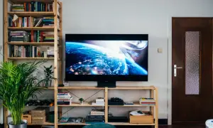 Nowoczesny salon z telewizorem o wymiarach 43 cale, wyświetlającym Ziemię z kosmosu. Obok regał z książkami i roślinami.