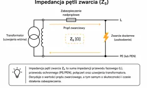 Schemat przedstawia pomiar impedancji pętli zwarcia (Zs). Pokazuje drogę prądu zwarciowego od transformatora do punktu uszkodzenia i z powrotem.