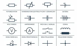 Schemat zawiera symbole elementów elektrycznych, w tym kondensator elektrolityczny i ceramiczny, ogniwo, baterię, cewkę, rezystor, fotorezystor, woltomierz, amperomierz, diodę świecącą, diodę prostowniczą, przycisk i połączenia.