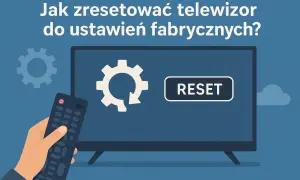 Instrukcja: jak zresetować telewizor Samsung do ustawień fabrycznych. Pilot w dłoni, ekran z ikoną resetu i koła zębate.