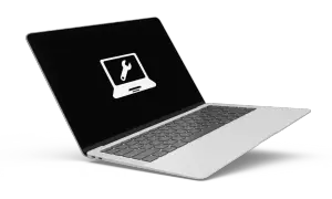 Laptop z ikoną klucza francuskiego na ekranie, symbolizującą diagnozę laptopa i serwis.