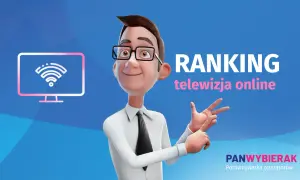 Wesoły mężczyzna prezentuje ranking telewizji internetowej. Ikona telewizora z sygnałem Wi-Fi.