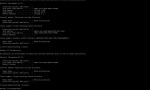 Wyniki polecenia ipconfig pokazują konfigurację sieciową, w tym adresy IP dla Wi-Fi i tuneli.