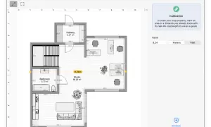 Plan mieszkania z zaznaczoną odległością 8,24m, widoczne łazienka, studio i przedpokój. Kalibracja mapy w programie.