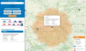 Mapa pokazuje zasięg nadajników tv naziemnej w okolicach Warszawy. Widoczne są multipleksy DVB-T2 MUX 1-3, 6, 8.
