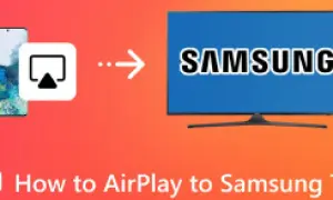 Jak włączyć AirPlay na telewizorze Samsung? Ikona AirPlay, strzałka i ekran Samsung.