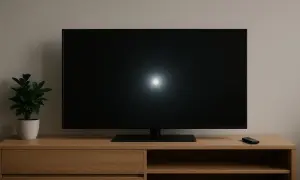 Czarny telewizor Samsung na drewnianej szafce z pilotem i rośliną.