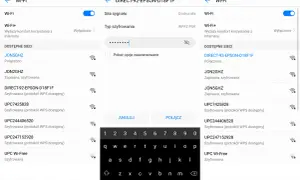 Ekran telefonu z listą sieci Wi-Fi i klawiaturą. Możliwe drukowanie z telefonu po połączeniu z siecią.