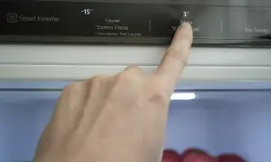 Palec wskazuje na panel sterowania lodówki no frost, gdzie widoczna jest temperatura 3°C dla chłodziarki.