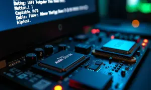 Zbliżenie na płytę główną komputera z widocznym tekstem na ekranie, który może pomóc w zrozumieniu, jak wejść do BIOS-u Windows 11.