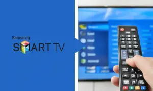 Ręka trzyma pilota do telewizora Samsung Smart TV, sterując menu na ekranie.