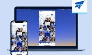Klonowanie ekranu pokazuje aplikację Instagram na iPhonie i laptopie, prezentując zdjęcia z wydarzenia Sektor 3.0.