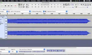 Nagrywanie dźwięku z komputera w programie Audacity. Widoczne dwie ścieżki audio z falami dźwiękowymi.