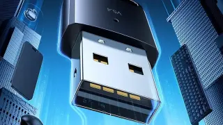 Nowoczesny adapter USB 2.0 A 3.0 z technologią V5.4, otoczony futurystycznymi budynkami i urządzeniami.