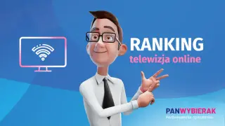 Wesoły mężczyzna prezentuje ranking telewizji internetowej. Ikona telewizora z sygnałem Wi-Fi.
