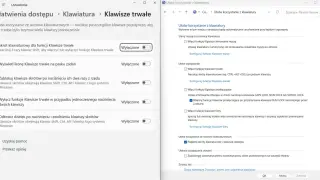 Ustawienia klawiatury: jak wyłączyć klawisze trwałe. Widok pokazuje opcje ułatwień dostępu, w tym możliwość wyłączenia funkcji Klawisze trwałe.