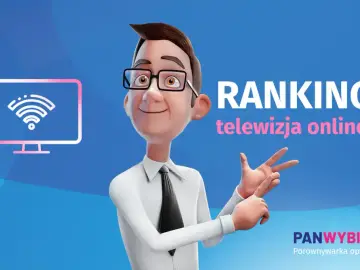 Wesoły mężczyzna prezentuje ranking telewizji internetowej. Ikona telewizora z sygnałem Wi-Fi.