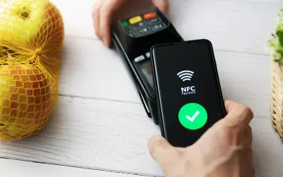 Szybkie zakupy jabłek dzięki płatnościom bezdotykowym NFC. Telefon zbliżony do terminala, zielony znaczek potwierdza transakcję.