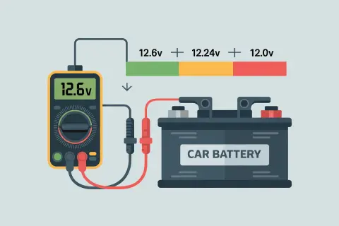 Pomiar napięcia akumulatora samochodowego. Multimetr pokazuje 12.6V, co oznacza, że elektrolit jest w dobrym stanie.