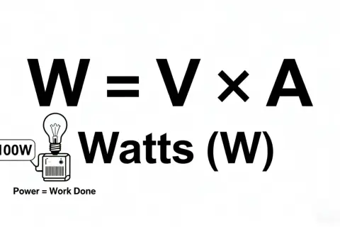 W = V x A. Jednostka mocy to waty (W). Obrazek pokazuje żarówkę 100W.
