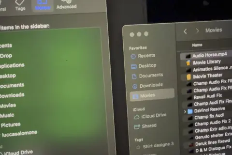 Widok okna Findera z zaznaczonym AirDrop w menu bocznym. Obok okno z plikami w folderze "Movies".