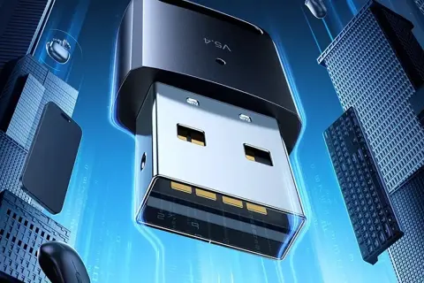Nowoczesny adapter USB 2.0 A 3.0 z technologią V5.4, otoczony futurystycznymi budynkami i urządzeniami.