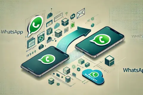 Jak przenieść WhatsApp na nowy telefon? Grafika pokazuje dwa smartfony i chmurę, symbolizujące transfer danych.