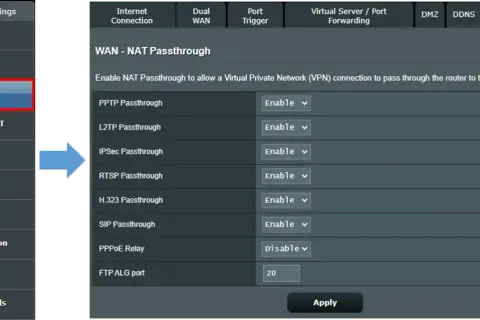 Ustawienia routera: sekcja WAN - NAT Passthrough, opcja PPPoE Relay ustawiona na "Disable".