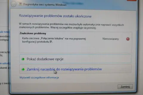 Karta sieciowa Ethernet nie ma poprawnej konfiguracji protokołu IP. Narzędzie diagnostyczne systemu Windows wykryło problem.