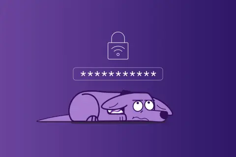 Smutny piesek próbuje zapamiętać klucz zabezpieczeń sieciowych. Widoczny symbol kłódki z sygnałem Wi-Fi i pole z gwiazdkami.