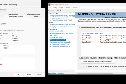 Ustawienia dźwięku w panelu sterowania NVIDIA pokazują monitor Samsung QBQ90S jako urządzenie audio.