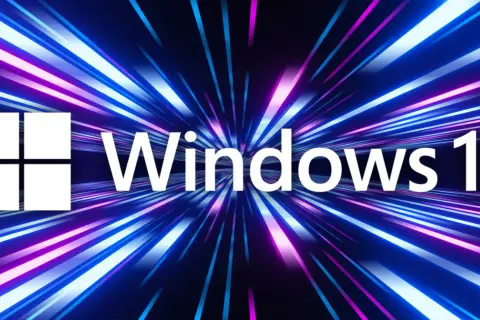 Logo Windows 11 na tle neonowych pasów. Szybkość i nowoczesność dla optymalizacji Windows 11.