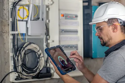 Elektryk w kasku i okularach ochronnych wykonuje przegląd instalacji elektrycznej, korzystając z tabletu z aplikacją diagnostyczną.