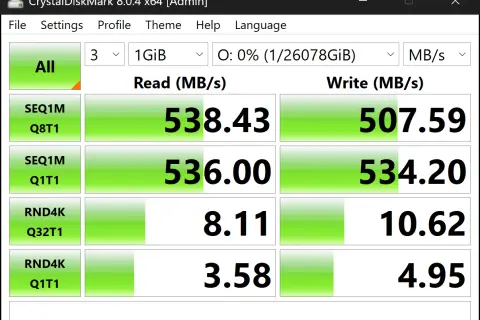 Wyniki testu CrystalDiskMark dla dysku w konfiguracji raid 0: odczyt 538.43 MB/s, zapis 507.59 MB/s.