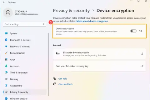 Ustawienia prywatności i zabezpieczeń w Windows 11, gdzie można włączyć szyfrowanie dysku BitLocker, aby chronić dane.