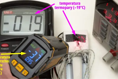 Pomiar temperatury modułu Peltiera: termopara -19°C, powierzchnia modułu -37°C.